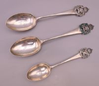 Three Regimental silver spoons. The smallest 15.5 cm long. 132 grammes total weight.