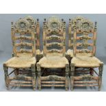 A set of six 19th century Spanish rush seated painted ladder back chairs. 53 cm wide.