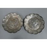 A pair of Japanese unmarked white metal lobed dishes with copper heightened decoration.