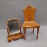 A Victorian oak hall chair and a toilet mirror.