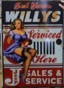 A novelty 'Get Your Willys Serviced Here' sign. 50 x 70 cm.