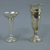 An Irish silver trumpet vase and a silver bud vase. The former 19 cm high. 203.