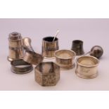 A quantity of various silver napkin rings, plated cruets, etc. 120 grammes of weighable silver.