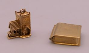 Two 9 ct gold charms: a church and a holy bible. 5.7 grammes total weight.