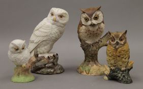 Three Aynsley porcelain models of owls and another. The largest 18 cm high.