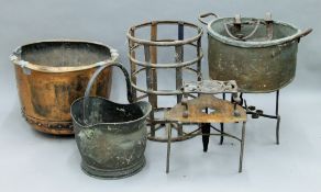 A 19th century copper and various fireside accoutrements.