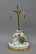 A 19th century Continental porcelain figural group mounted as a lamp. 49 cm high.