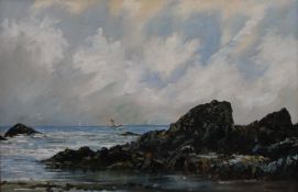 JOHN ROHDA (20th/21st century) British, Devon Rocks, oil on board, framed. 90.5 x 60 cm.