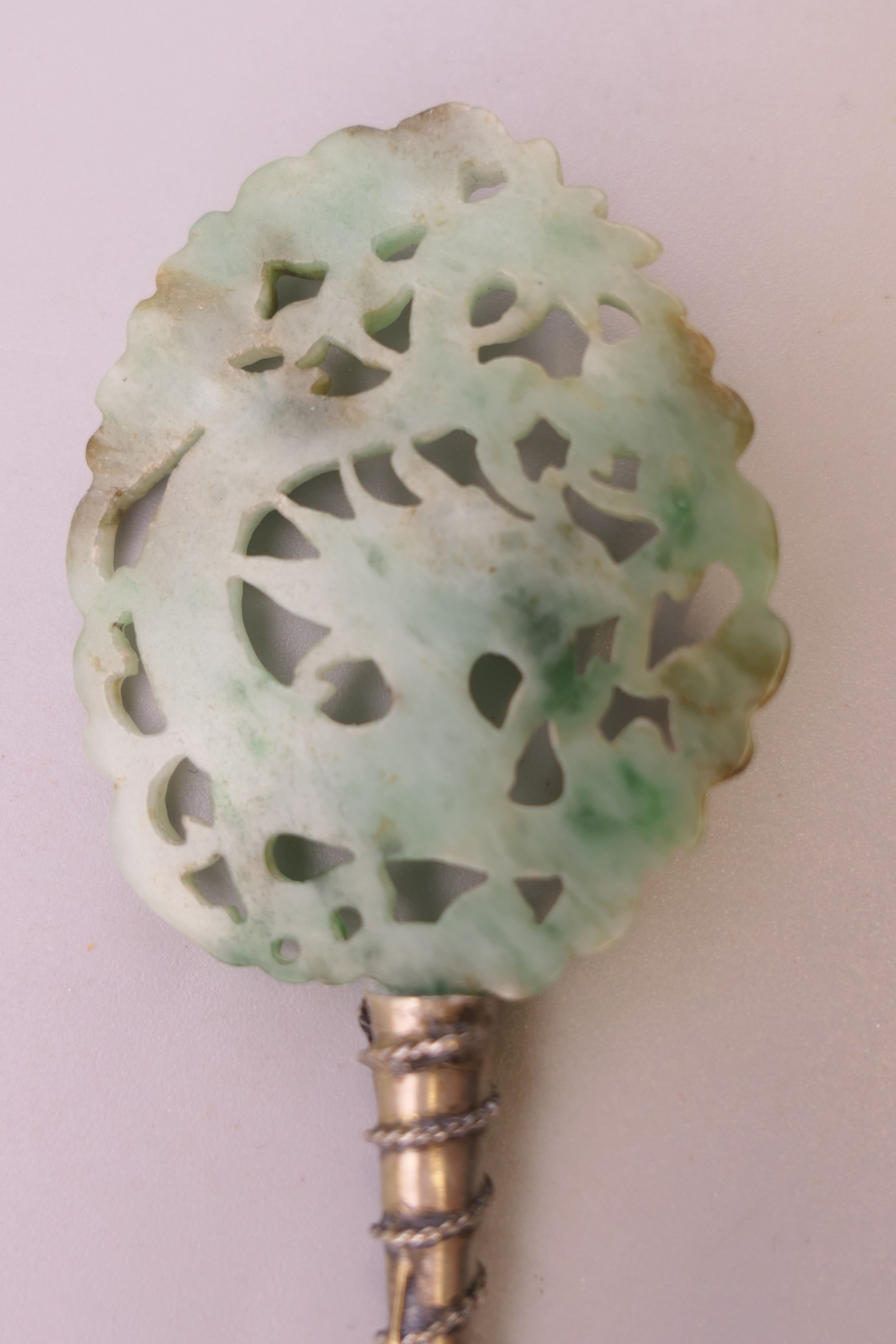 A 19th century Chinese apple green reticulated jade and silver hairpin formed as a dragon. 17. - Image 3 of 3