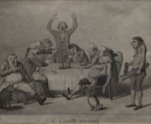 An 18th century satirical print, A Long Story, designed by H W Bunbury Esq, framed and glazed.