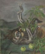 TERESA D'ELIA (1918-2011), Still Life of Snake and Apples, oil on canvas, framed. 65 x 76 cm.