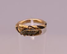 A Victorian unmarked 14 ct gold diamond and hair set mourning ring. Ring size M. 2.