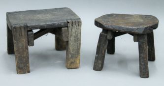 Two rustic stools. The largest 32 cm wide.