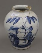 An antique Delft tobacco jar. 27 cm high.