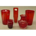 A collection of various ruby glassware, including Whitefriars. The largest 18 cm high.