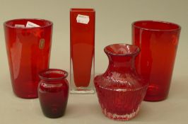 A collection of various ruby glassware, including Whitefriars. The largest 18 cm high.