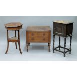 An oak pot cupboard, a sewing table and a side table.