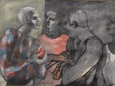 TERESA D'ELIA (1918-2011), Four Circus Men with Ball, gouache, framed. 60 x 44.5 cm.