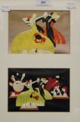 Two prints of Clarice Cliff figures, housed in a common frame and glazed. 34 x 44.5 cm overall.
