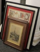 A quantity of various 19th century prints, a printed map of Kent and two etchings.