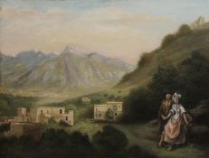 CONTINENTAL SCHOOL (19th century), Lovers on a Mountain Path, oil, unframed. 48 x 36 cm.