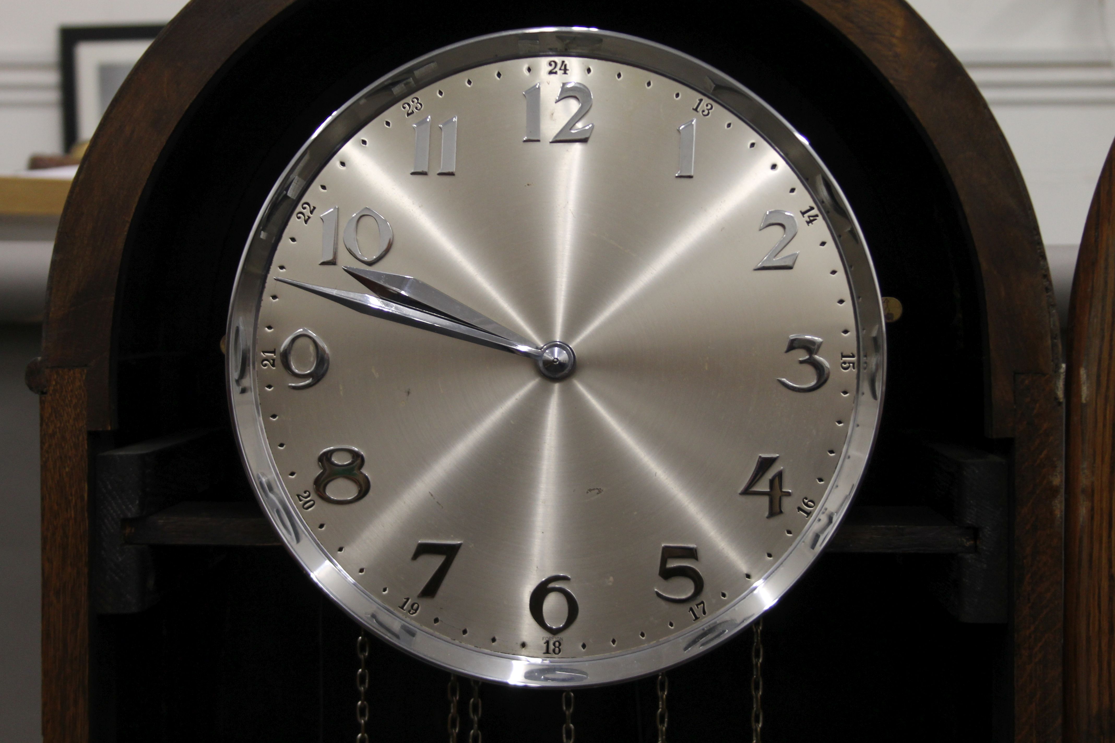 An early 20th century oak glazed front longcase clock. 197 cm high. - Image 5 of 6