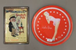 A pub tray and a William Younger tin sign. The latter 20 x 30 cm.