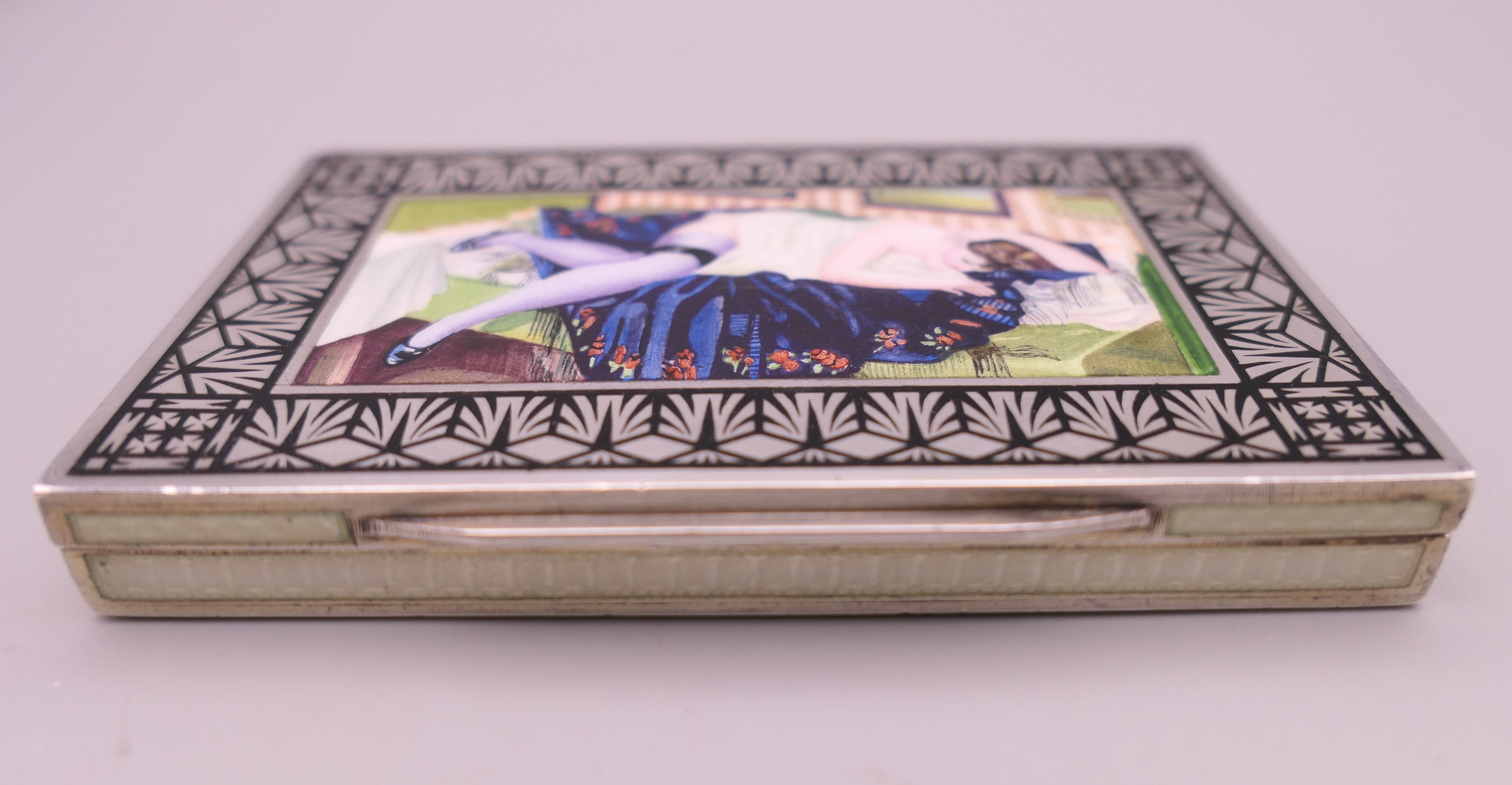 A Continental silver and enamel box, with lid depicting a reclining lady, in a Tadema Gallery box. - Image 3 of 13