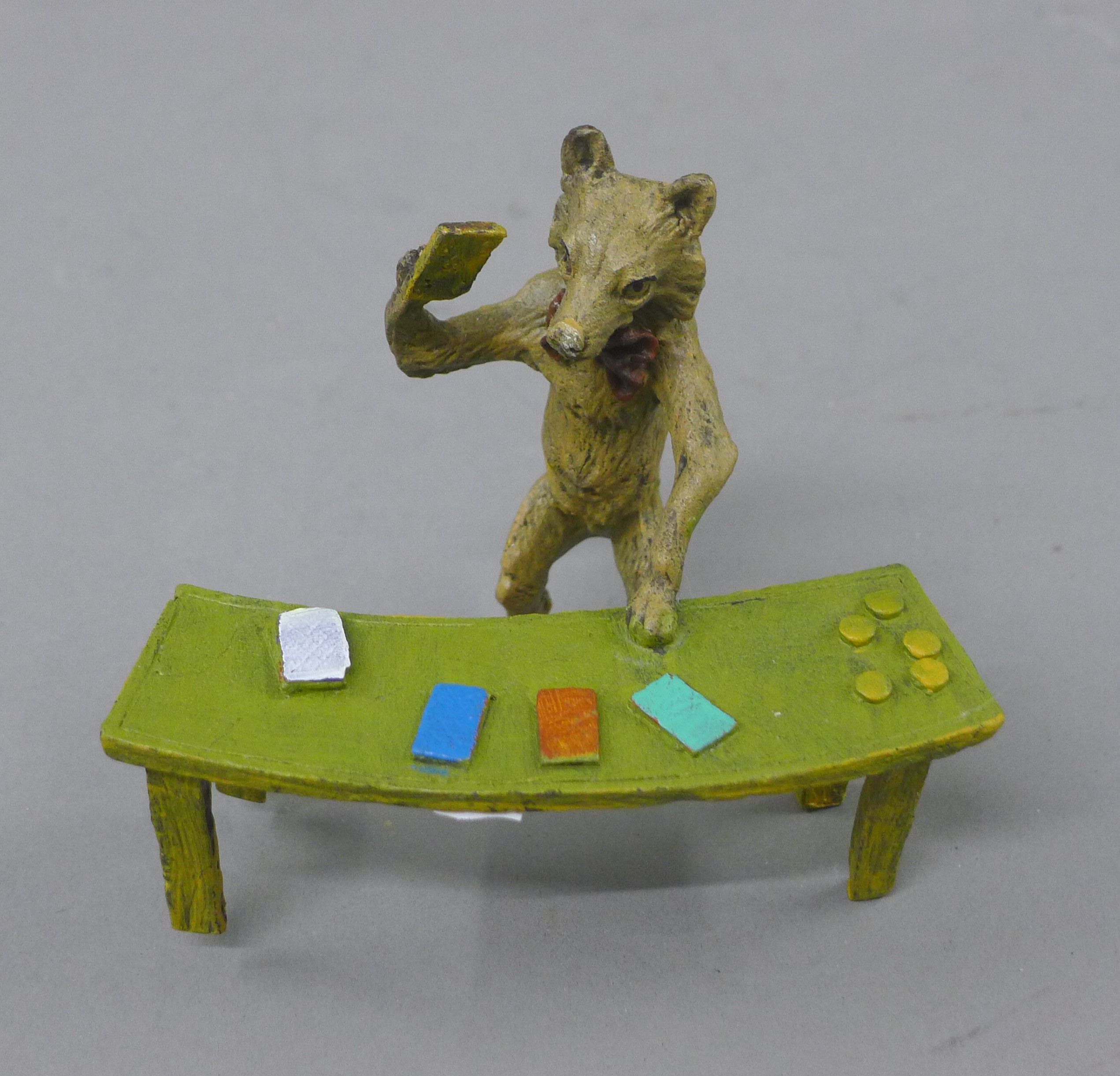 A cold painted bronze model of a fox playing cards. 10.5 cm wide. - Image 2 of 2