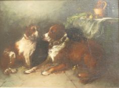 GEORGE ARMFIELD (1808-1893) British, Three Dogs before a Table, oil on canvas, with applied label,