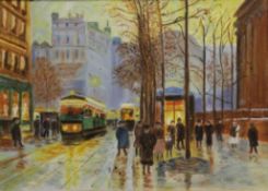 A Parisian Street Scene with Trams, oil on canvas, housed in a gilt frame. 34.5 x 24.5 cm.