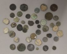 A tin of various antique coins, etc., including Roman.
