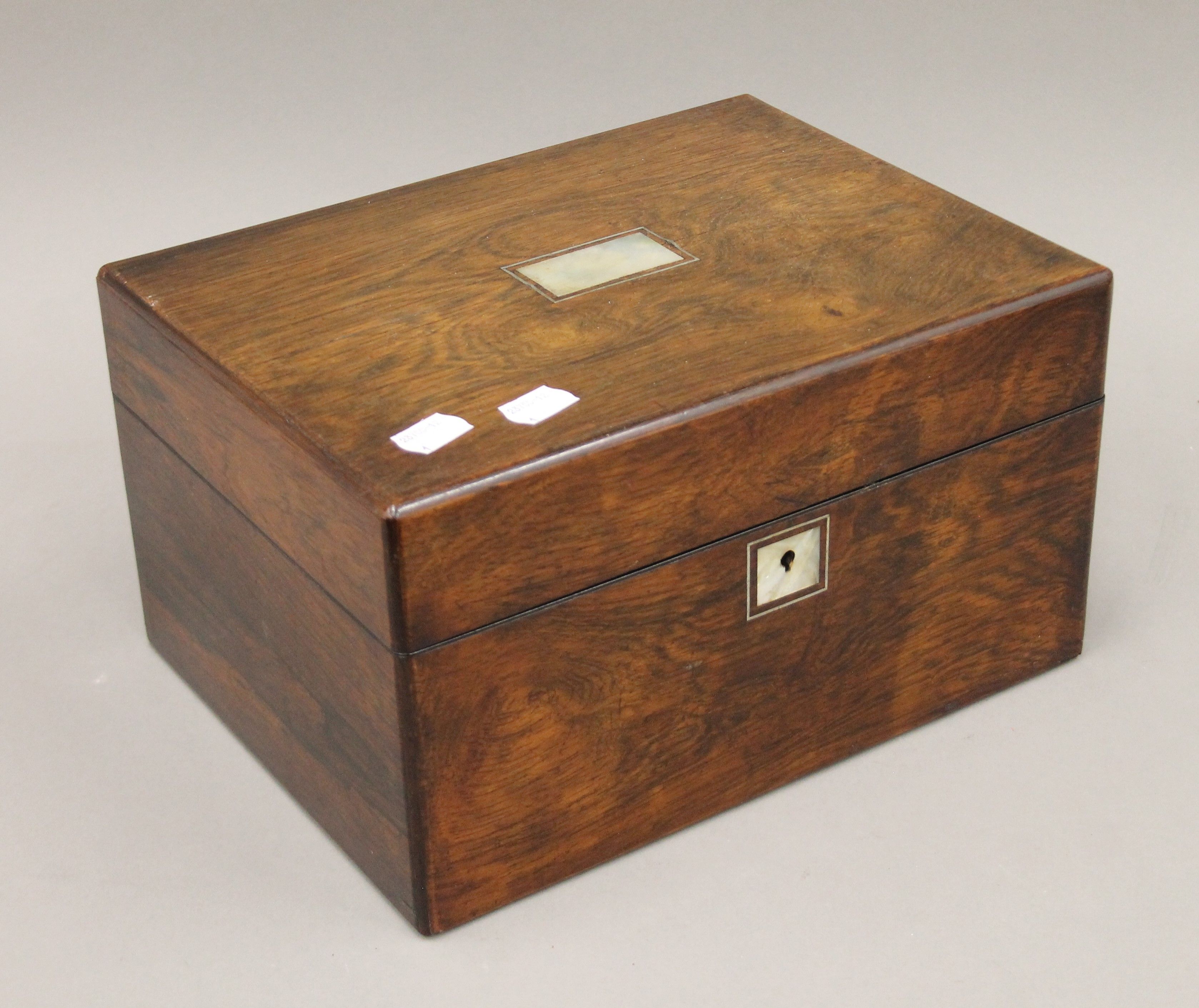 A Victorian mother-of-pearl inlaid rosewood travelling work box. 30 cm wide. - Image 3 of 5