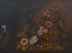 19TH CENTURY SCHOOL, Still Life of Flowers and a Dog, oil on canvas, framed. 68.5 x 50 cm.