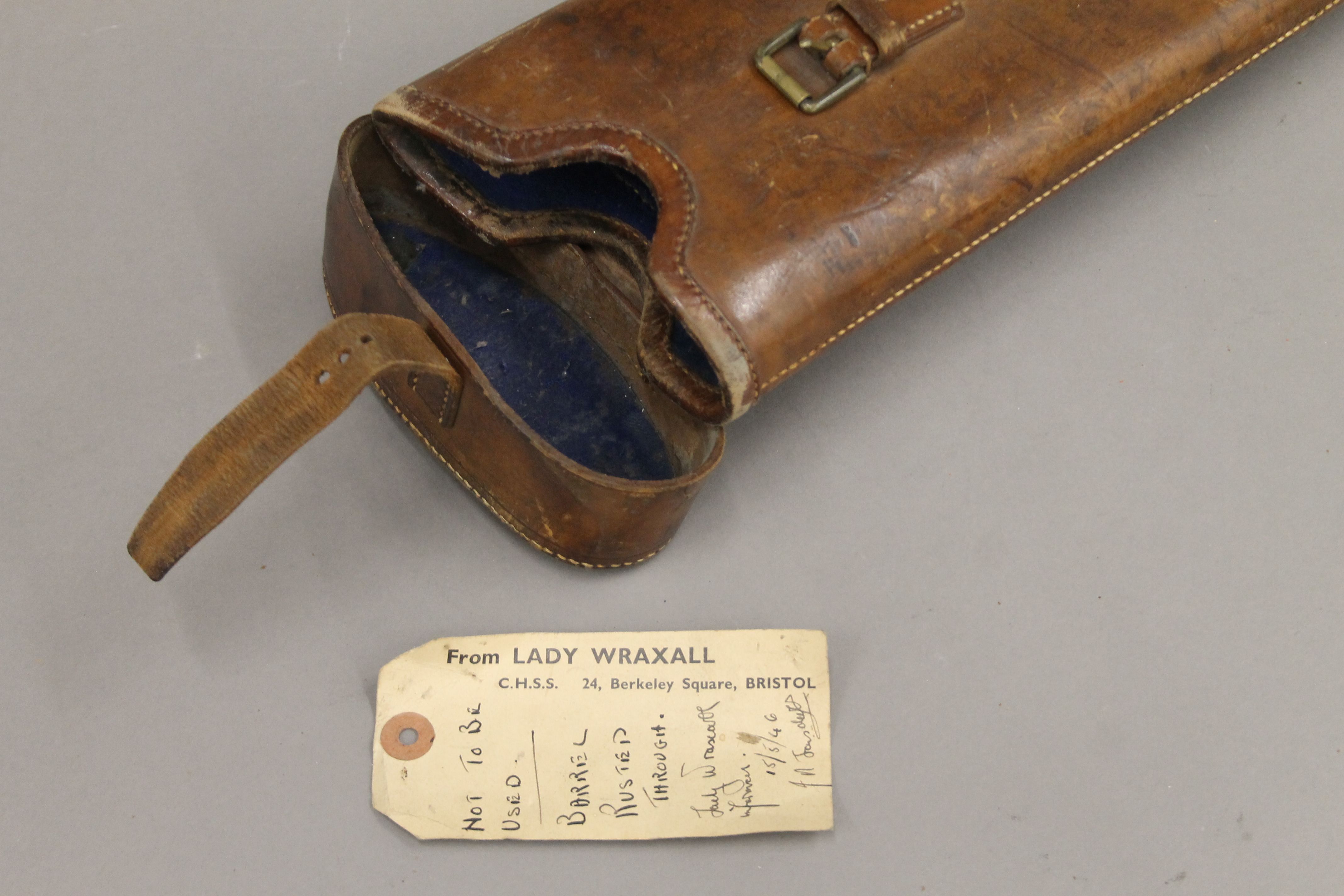 A small Victorian leather leg of mutton gun case with applied paper label, - Image 3 of 3