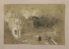 Four watercolour and pencil scenes, highlighted in white on brown paper,