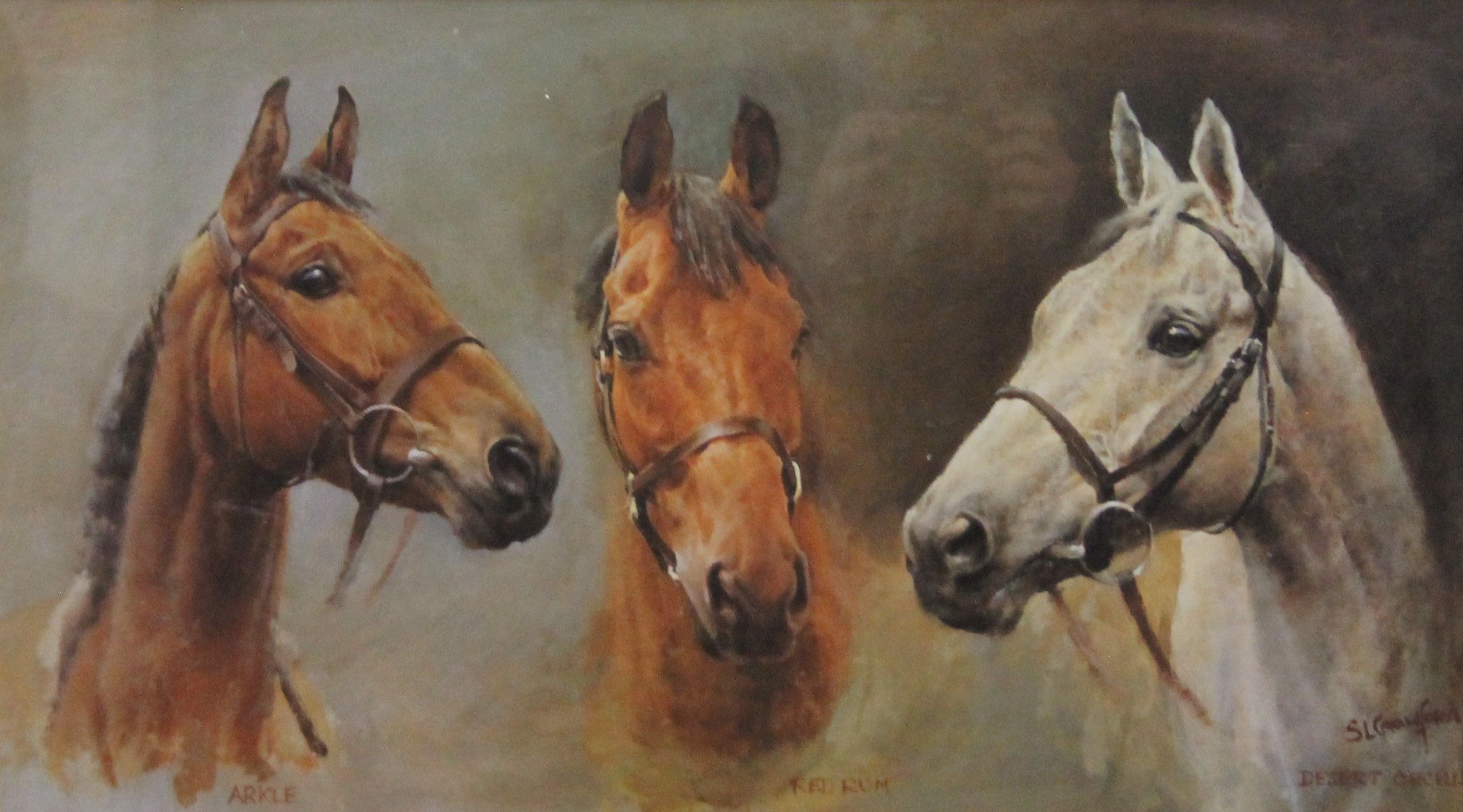 C L CRAWFORD, We Three Kings (Arkle, Red Rum and Desert Orchid), print, framed and glazed.