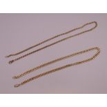 Two 9 ct gold chains. 46 cm long and 52 cm long respectively. 55.8 grammes.