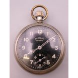 An Ingersoll Defiance black dial pocket watch. 5 cm diameter.