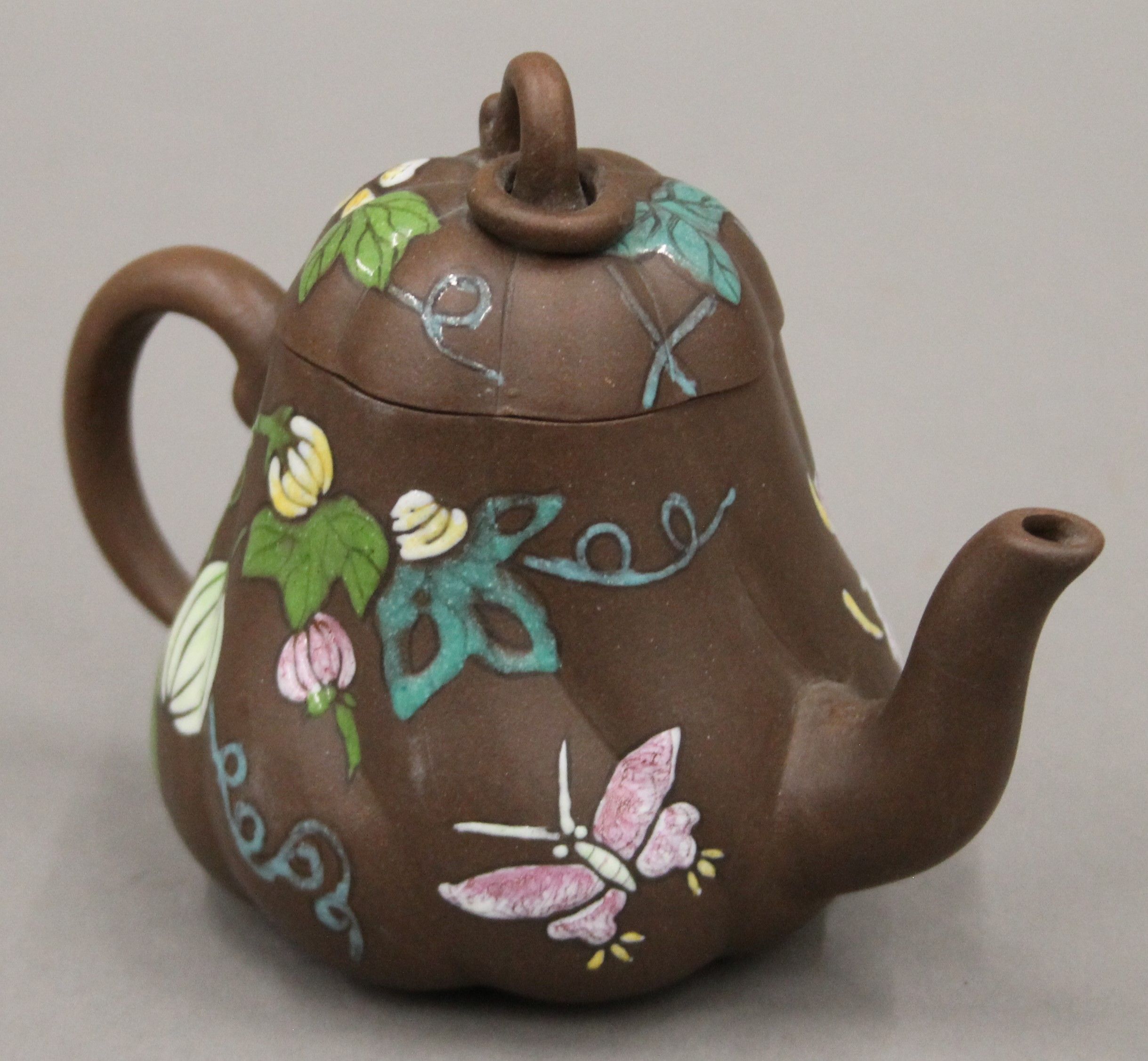 A small late 19th century Chinese Y-Hsing stoneware teapot painted with bright enamels, - Image 8 of 10