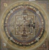 A Tibetan painted thangka, Kalachakra Mandala (Wheel of Time), framed and glazed. 40.5 x 40.