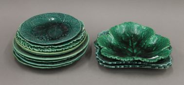 Eleven various Victorian green leaf plates.