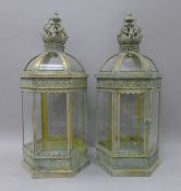 A pair of hexagonal green lanterns. 56 cm high.