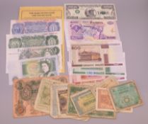 A quantity of bank notes, including various Bank of England £1 notes, Yen, Francs, Lira, etc.