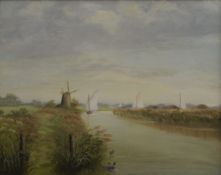 B CHARLTON, Sailing by Oby Mill Norfolk Boards, oil on board, framed. 49.5 x 39 cm.