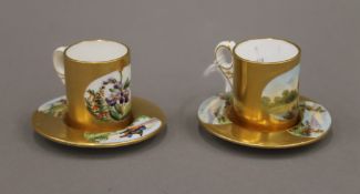 Two miniature Coalport porcelain cups and saucers, one decorated with country vignettes,