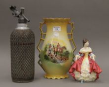 A Royal Doulton figurine, a vase and a soda syphon. The latter 35 cm high.