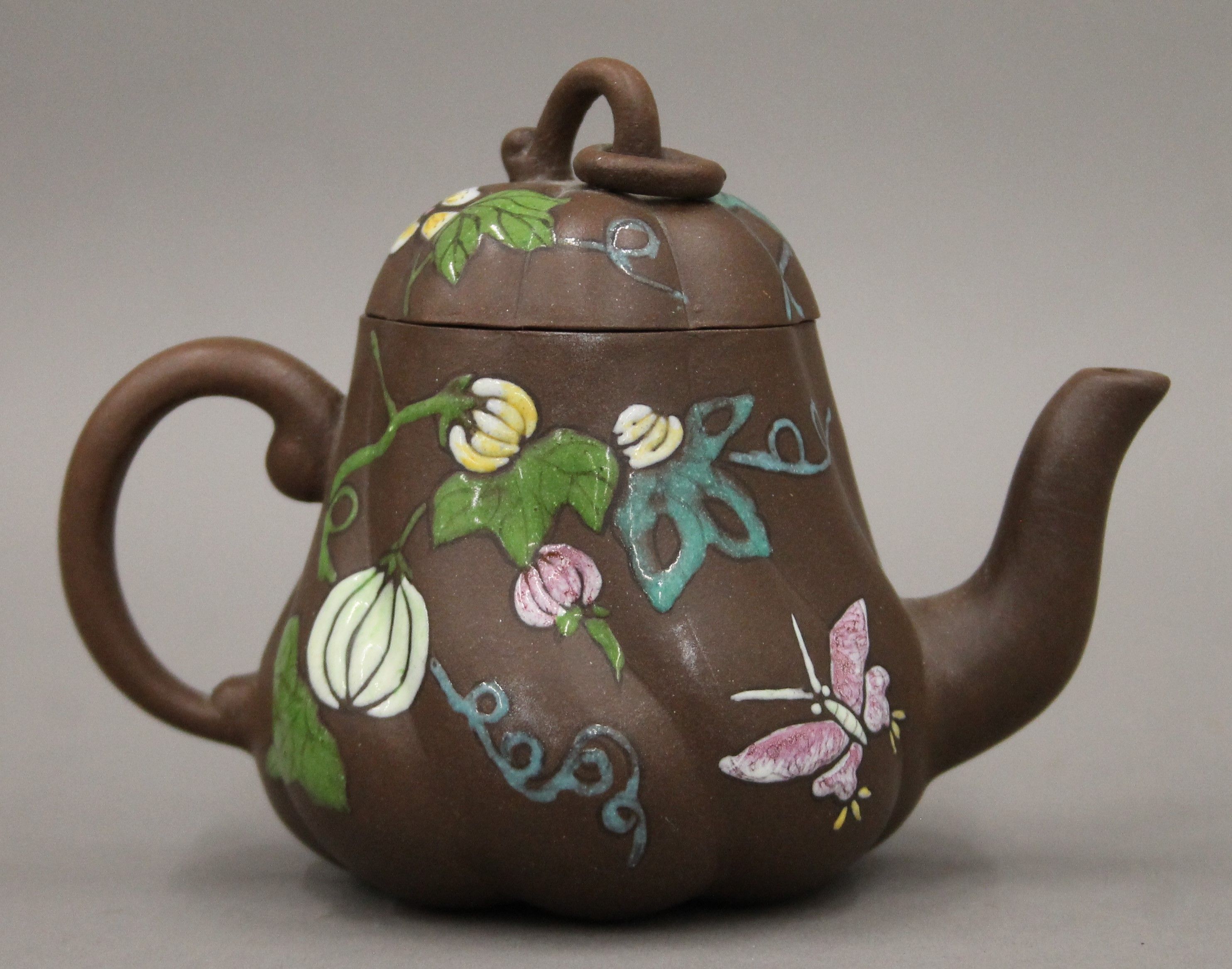 A small late 19th century Chinese Y-Hsing stoneware teapot painted with bright enamels, - Image 9 of 10