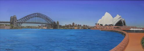 HUGH SYMMONDS (Australian), Sydney Harbour, oil on canvas, framed. 127 x 56.5 cm overall.