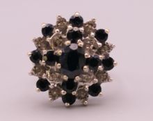 A 9 ct gold diamond and sapphire cluster ring. Ring size O. 5.2 grammes total weight.